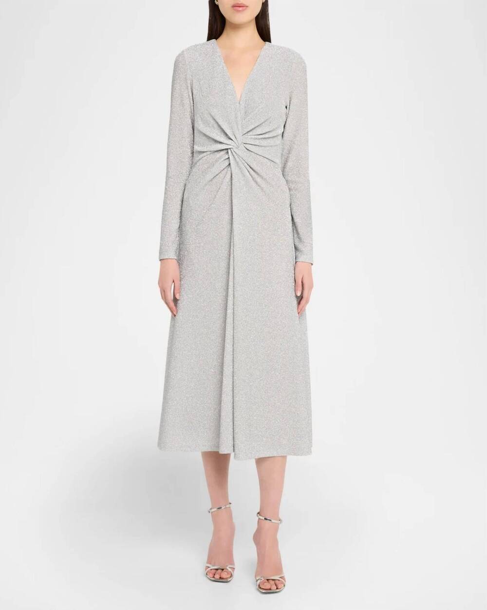 NEW PRABAL GURUNG twist front long sleeve sparkle dress in silver